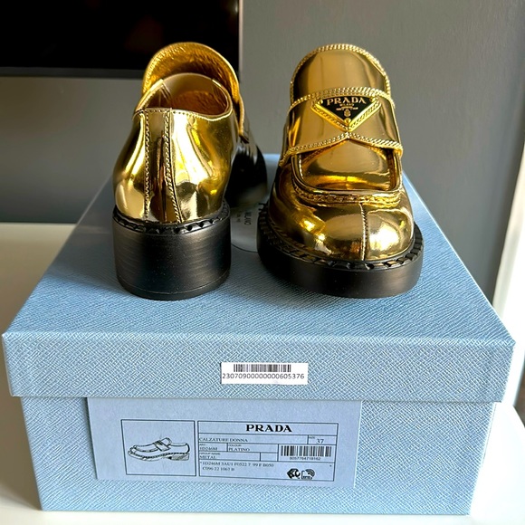 Prada Shoes - BRAND NEW never worn gold Prada loafers size 37!
